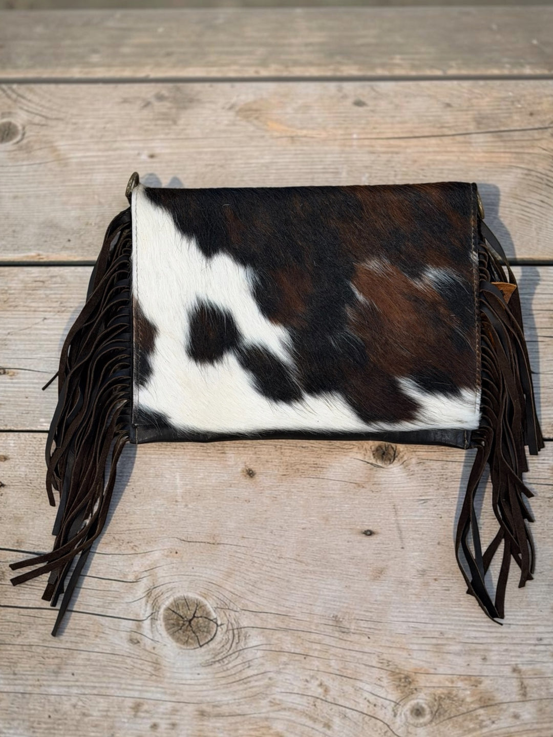 Cowhide & Leather Crossbody Clutch Bag with Fringe