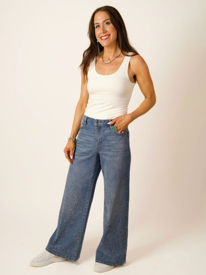 Medium Wash Rhinestone Wide Leg Jeans