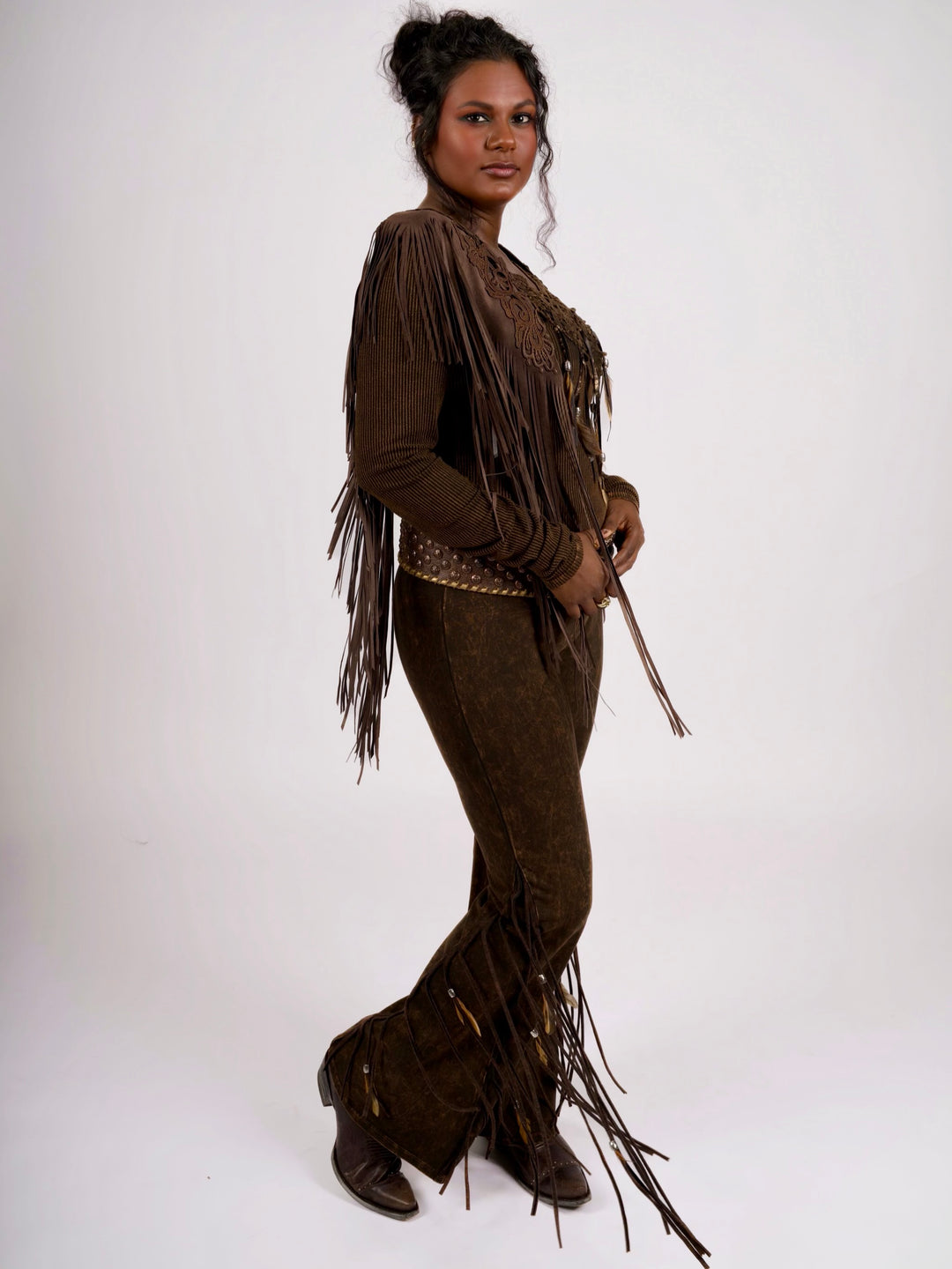 Handcrafted Chocolate Suede Shoulder Fringe Collar by Pat Dahnke