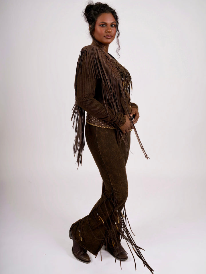 Handcrafted Chocolate Suede Shoulder Fringe Collar by Pat Dahnke
