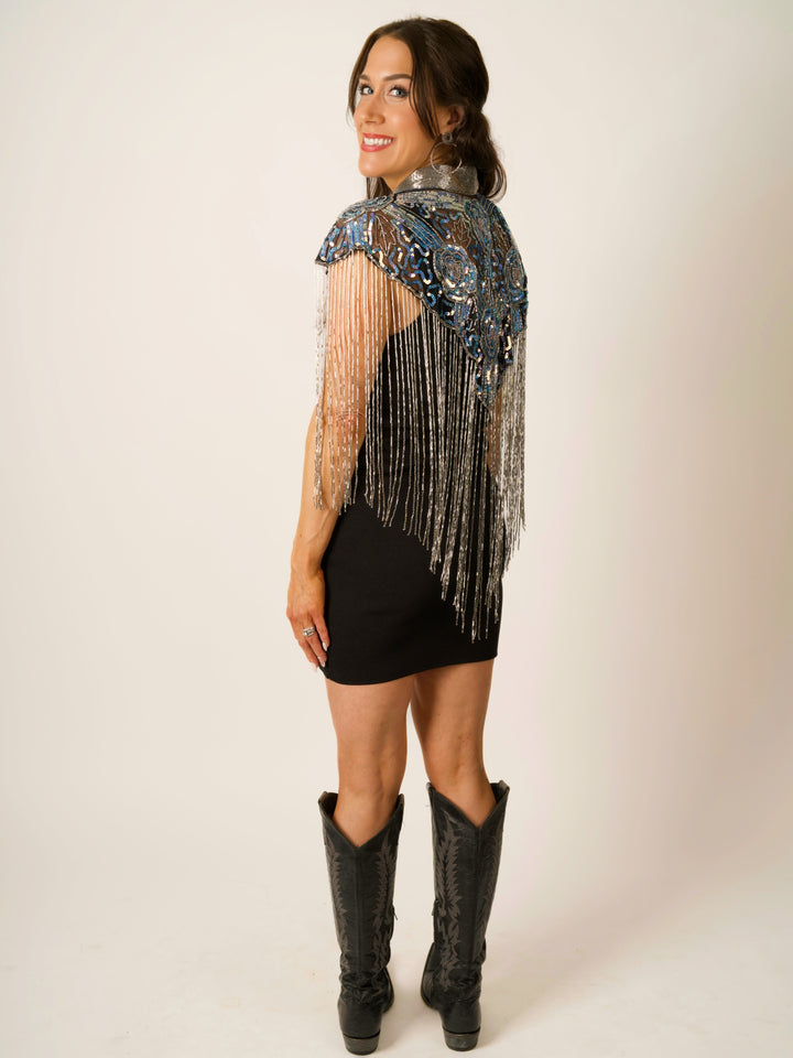 Iridescent Blue Beaded Cape