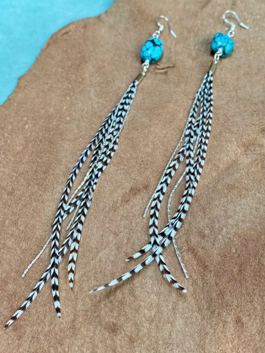 Silver Mini Feather & Turquoise Dangle Earrings