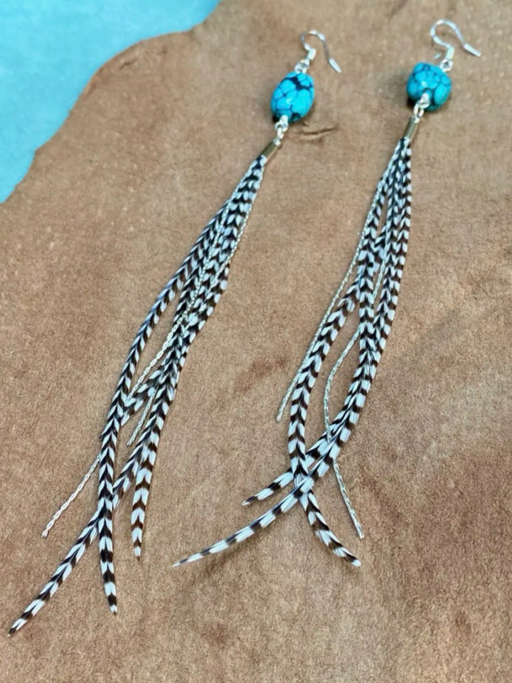 Silver Mini Feather & Turquoise Dangle Earrings