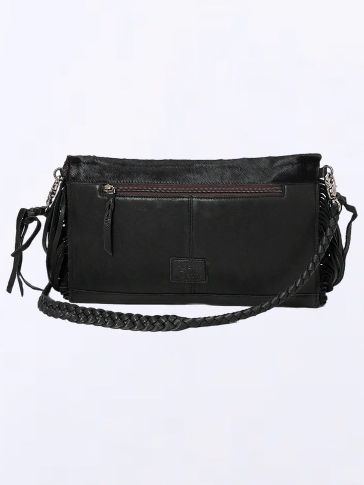 Silver Concho Turquoise Inlay Black Leather Fringe Crossbody