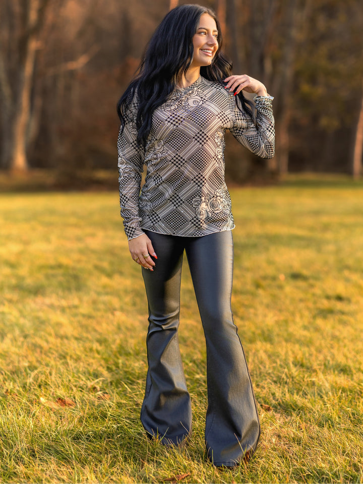 Plaid Floral Velvet Overlay Mesh Long Sleeve Top