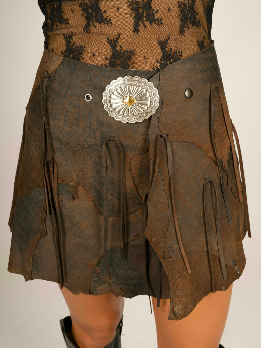 Belt Buckle Dark Brown Leather Fringe Wrap Mini Skirt