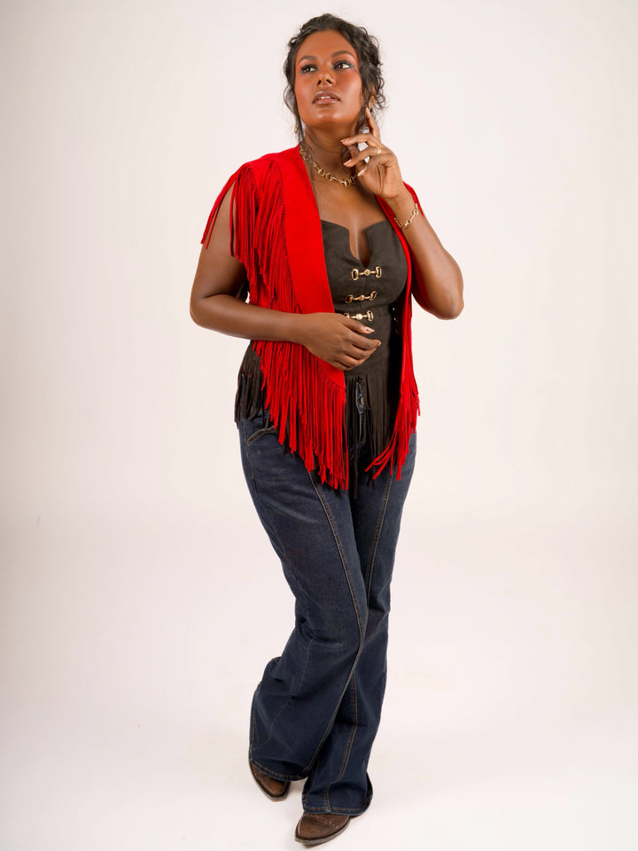 Handcrafted Red Suede Leather Fringe Shoulder Collar