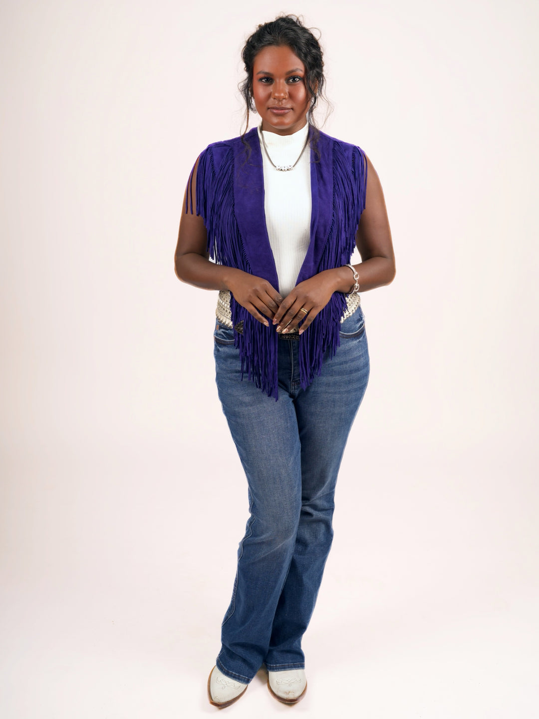 Handcrafted Royal Blue Suede Leather Fringe Shoulder Collar