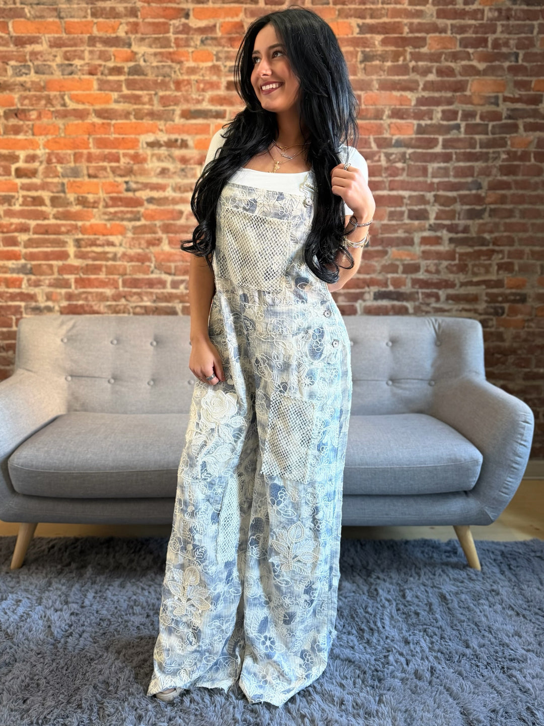 POL Indigo Blue Floral Overalls