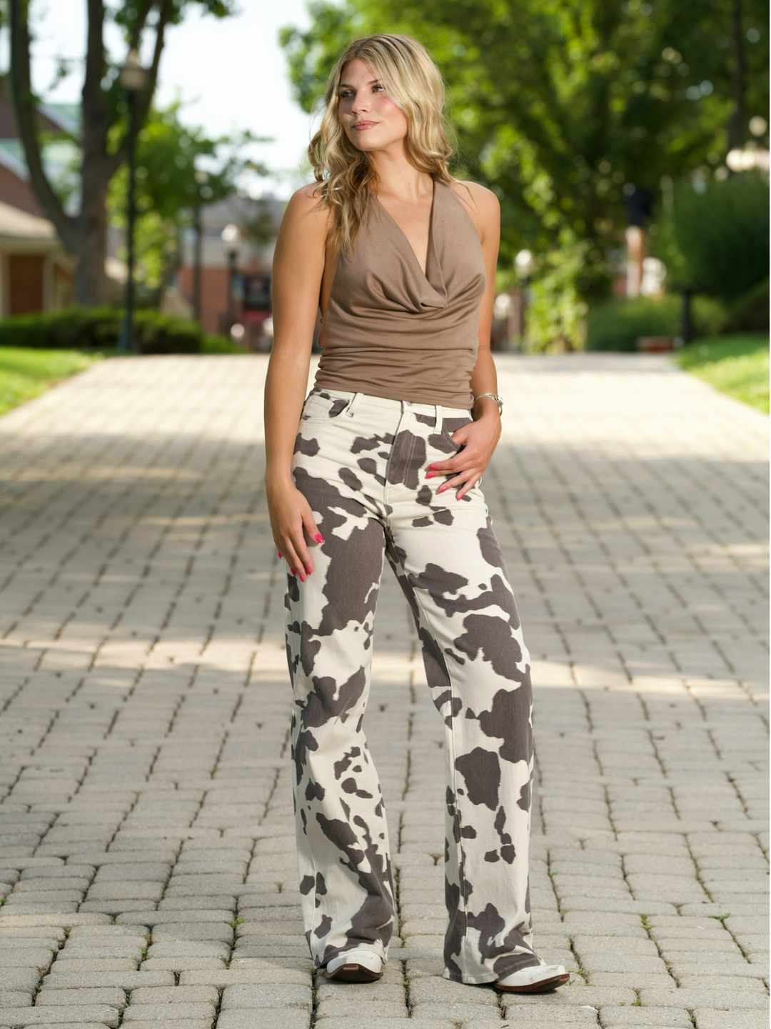 High Rise Wide Leg Cow Print Jeans
