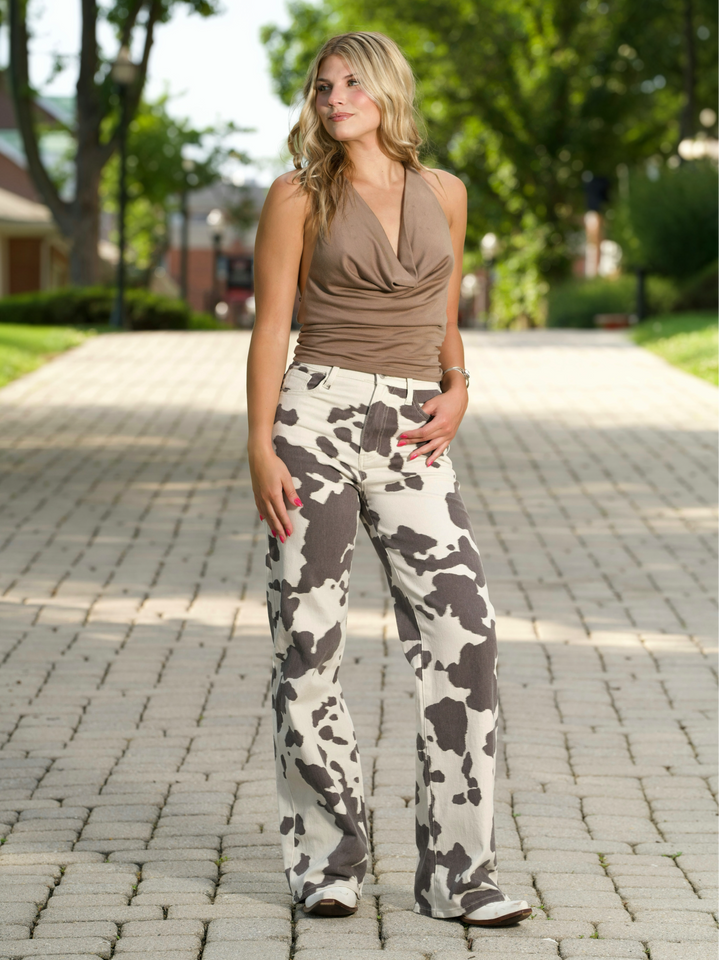 High Rise Wide Leg Cow Print Jeans