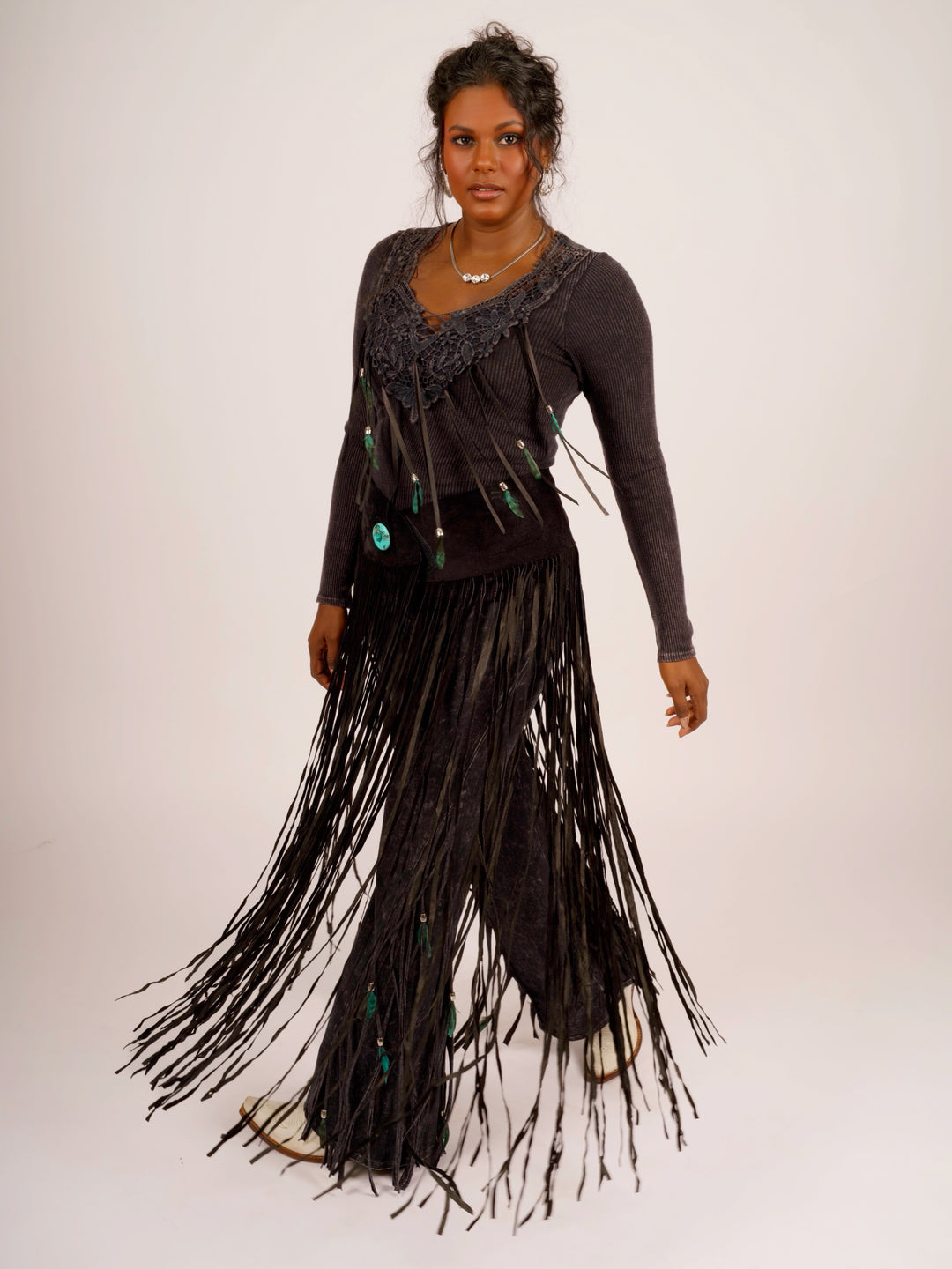 Fringe & Features Long Sleeve Top Black