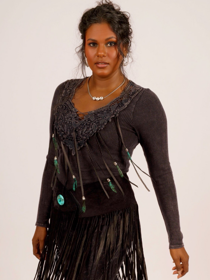 Fringe & Features Long Sleeve Top Black