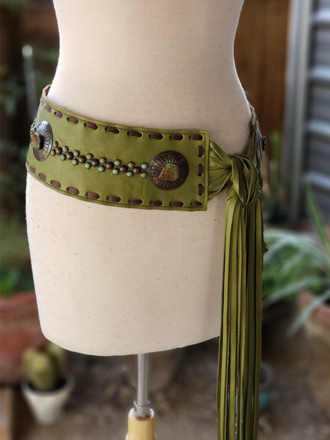 KURTMEN VINTAGE Green LEATHER FRINGE TIE CONCHO WESTERN BELT