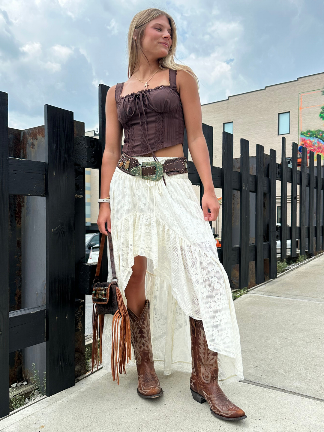 Delaney Lace Floral High Low Ruffle Maxi Skirt