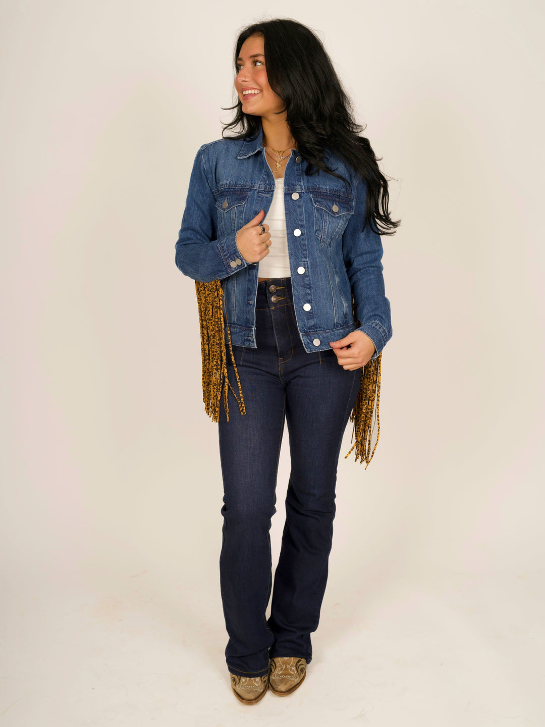 Leopard Fringe Jean Jacket