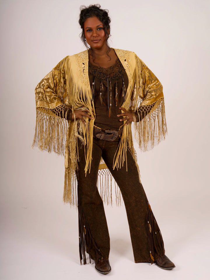 Handcrafted Palomino Deerskin Leather Shoulder Fringe Collar by Pat Dahnke