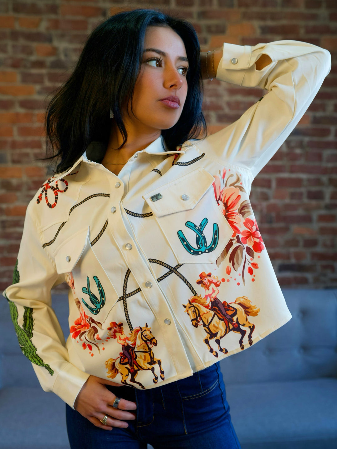 Retro Cowgirl Western Pearl Snap Button Down Shirt