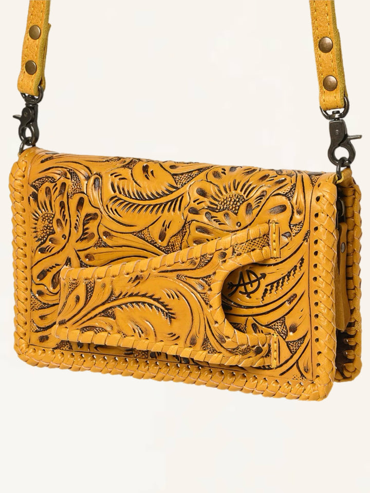 Antique Gold Hand Tooled Leather Crossbody Clutch Wallet Bag