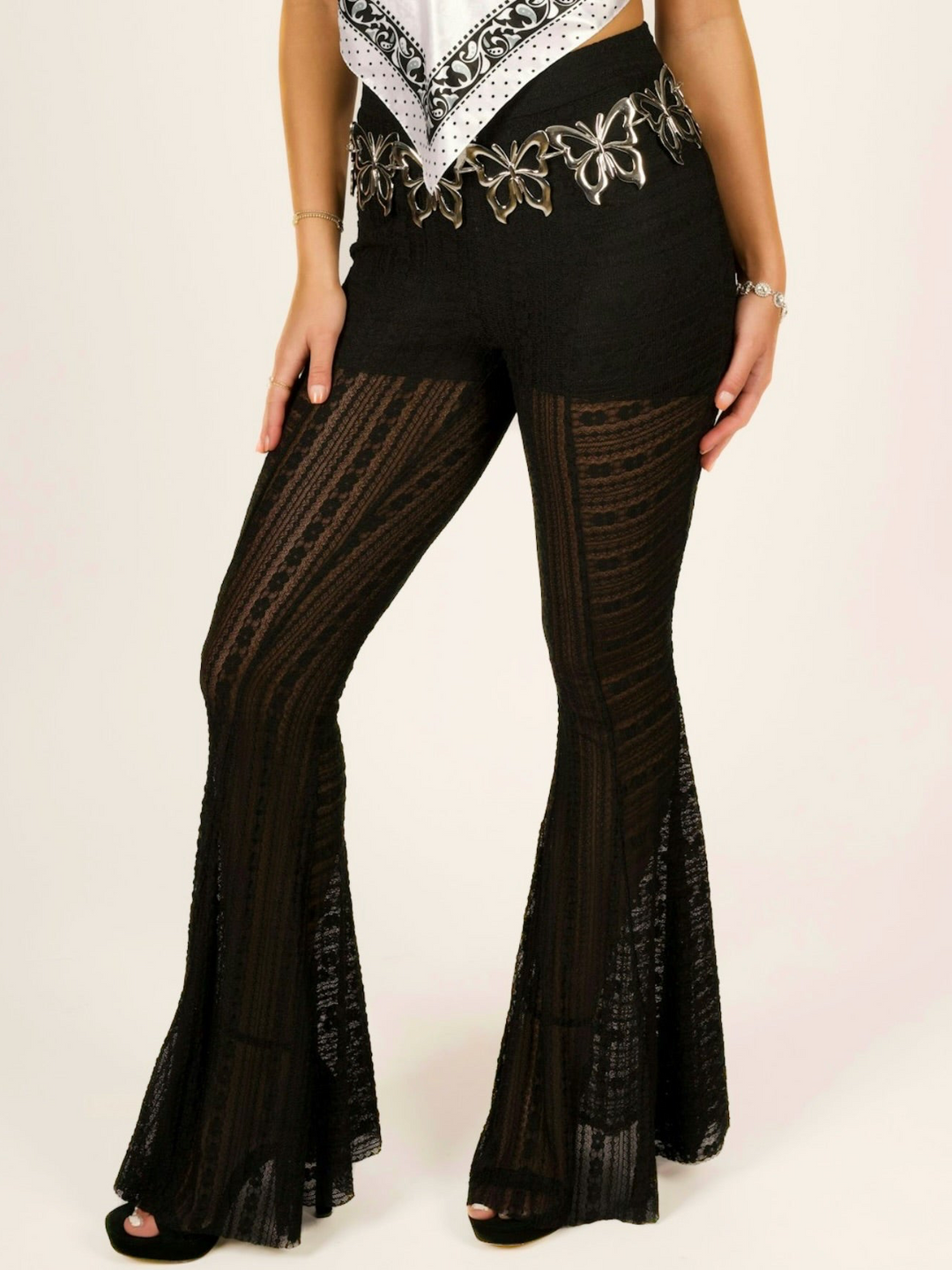 High Waisted Striped Lace Flare Pants