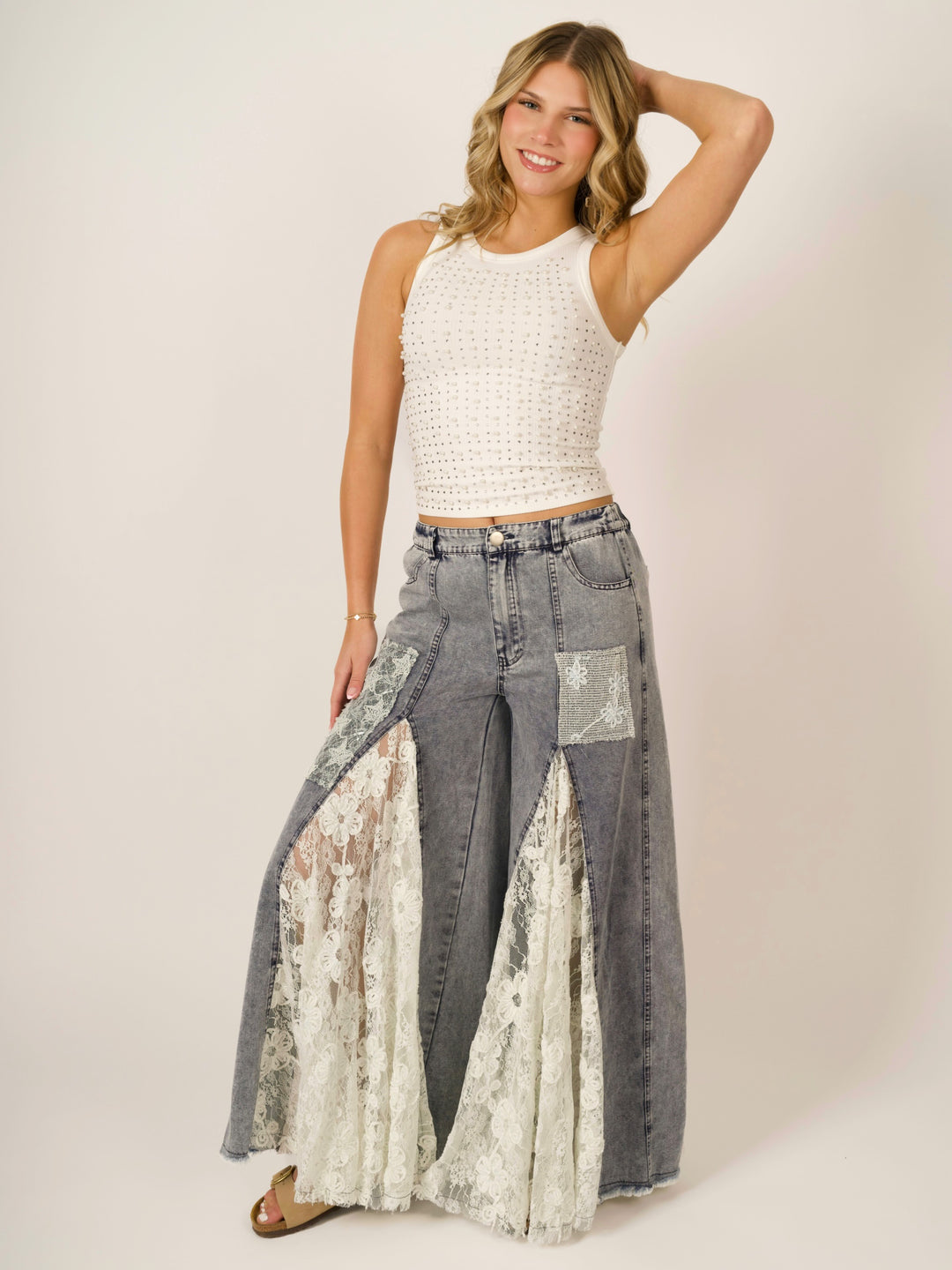 Indie Romantic Boho Lace Ruffle Wide Leg Denim Pants
