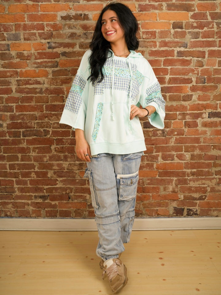 Mint Blue Oversized Floral Print Hooded Pullover