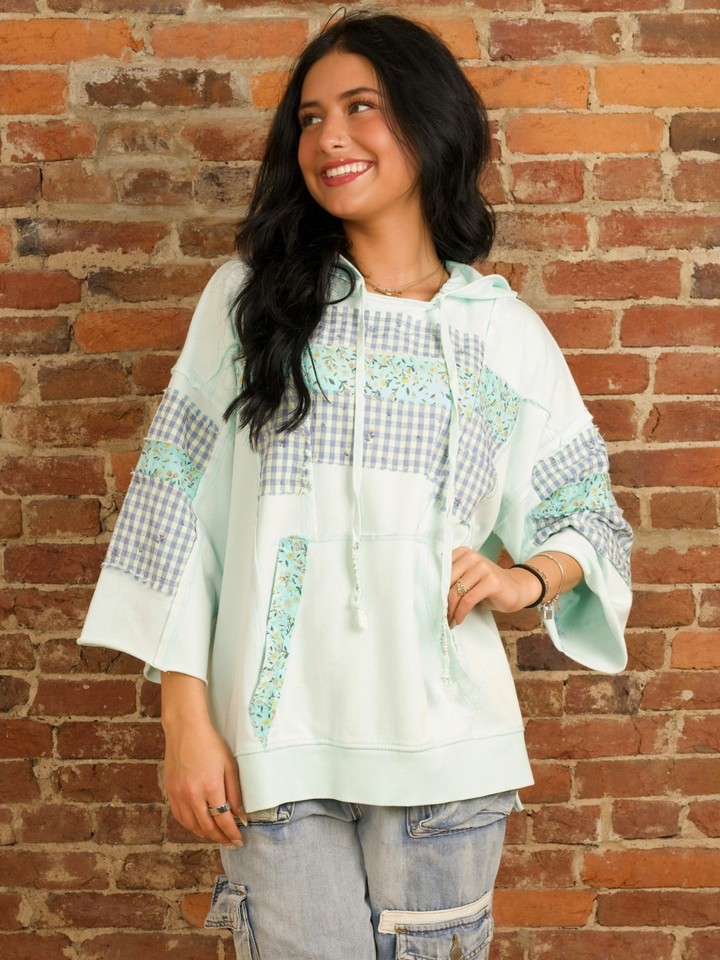 Mint Blue Oversized Floral Print Hooded Pullover