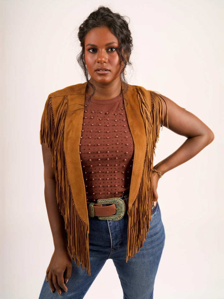 Handcrafted Cognac Suede Leather Fringe Shoulder Collar