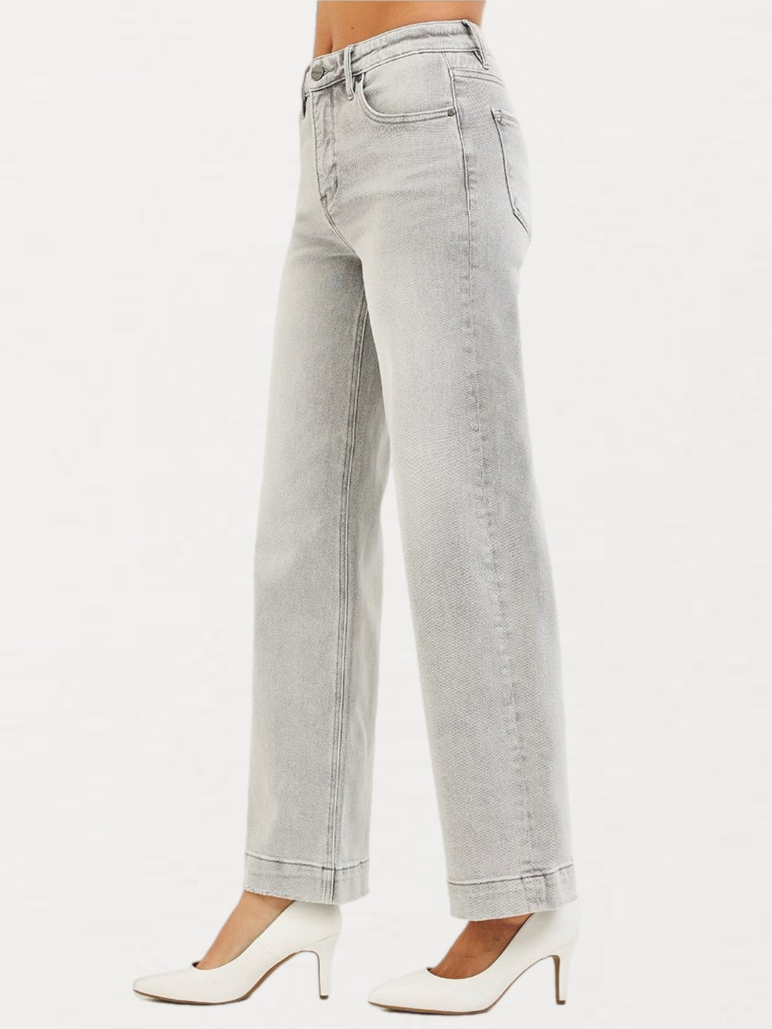 RISEN High-Rise Wide Leg Ankle Jeans in Light Grey