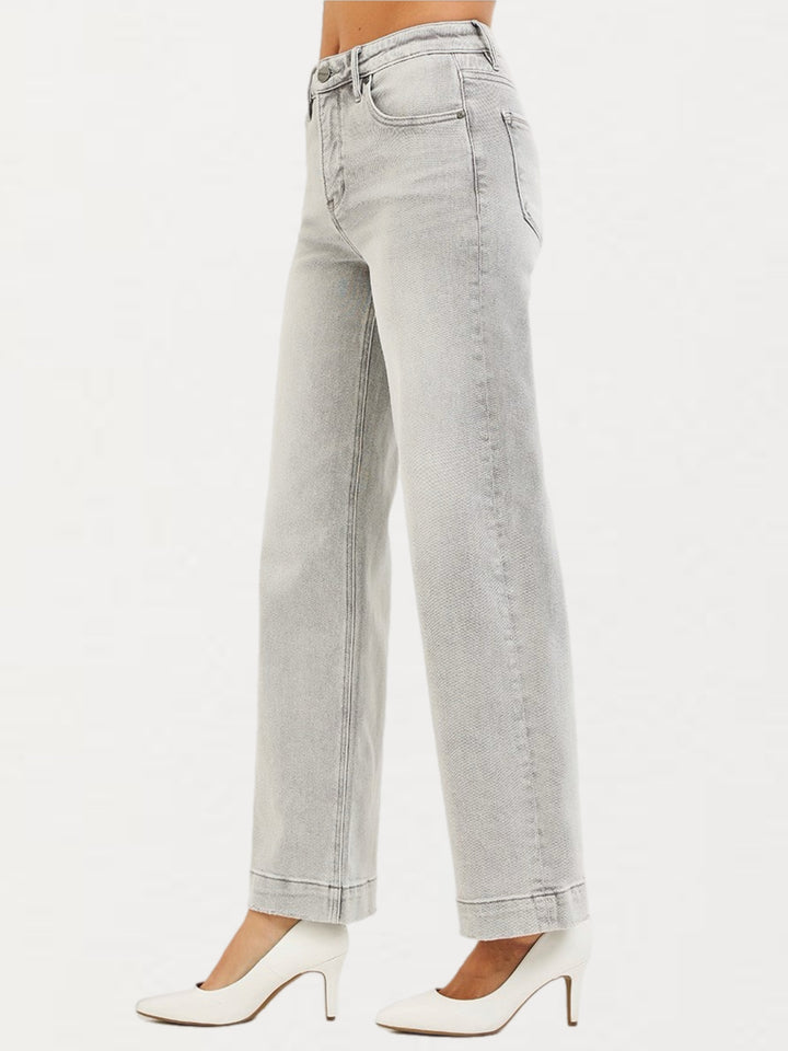 RISEN High-Rise Wide Leg Ankle Jeans in Light Grey