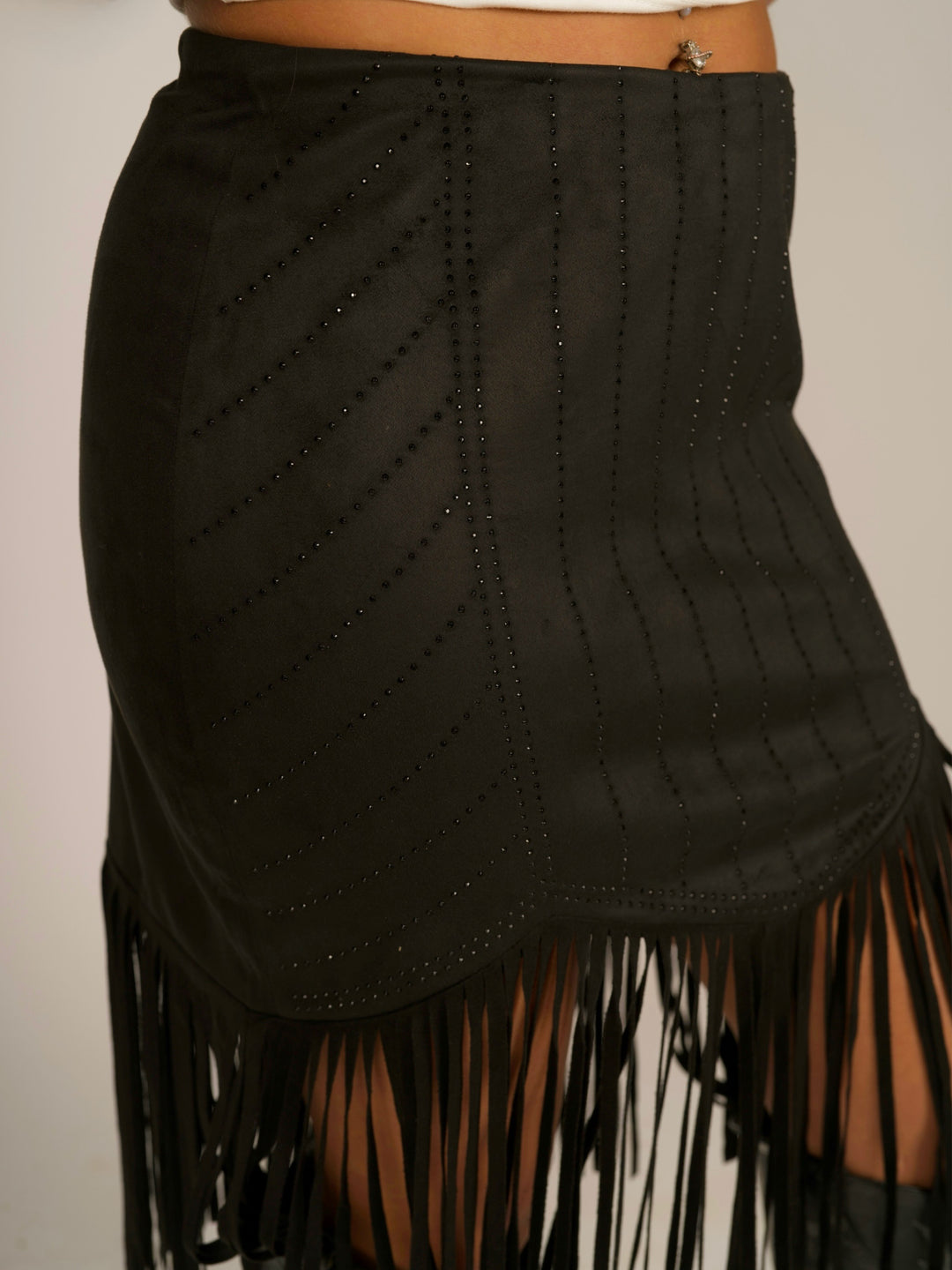 High-Waisted Laser-Cut Suede Fringe Mini Skirt with Rhinestones