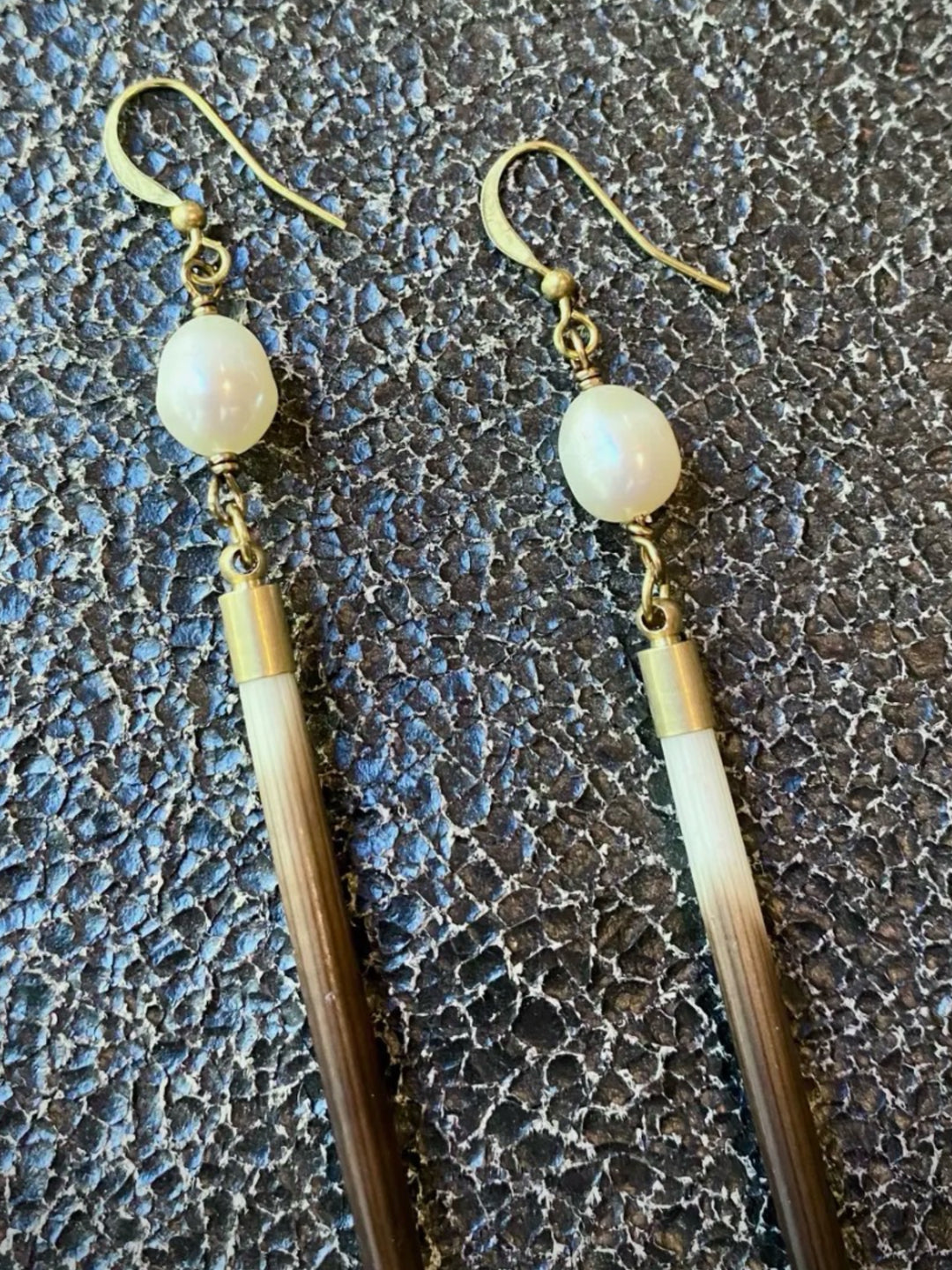 Porcupine Quill & Freshwater Pearl Dangle Earrings