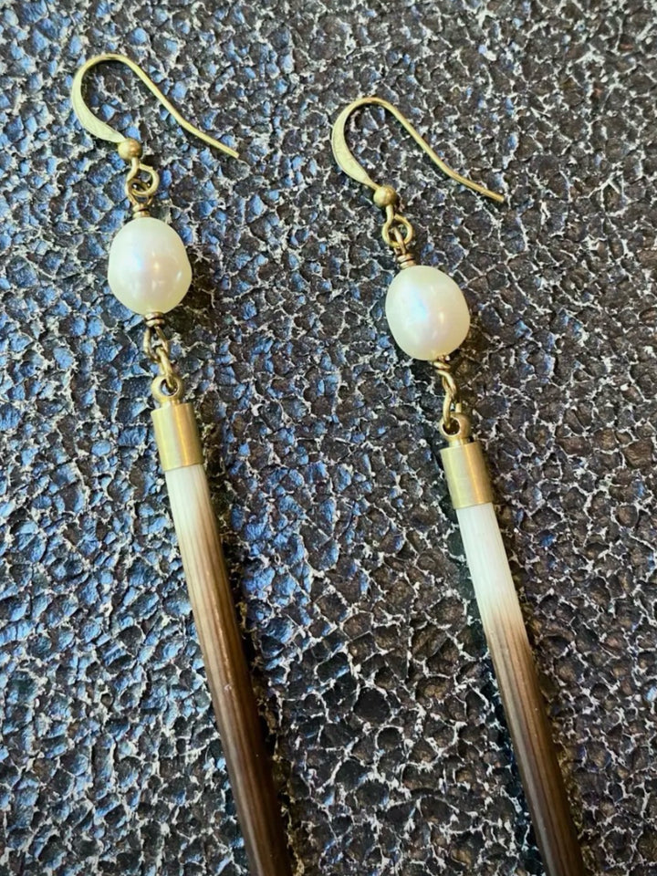 Porcupine Quill & Freshwater Pearl Dangle Earrings