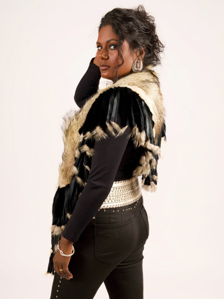 Natural Coyote Fur Collar with Rabbit Fur Fringe