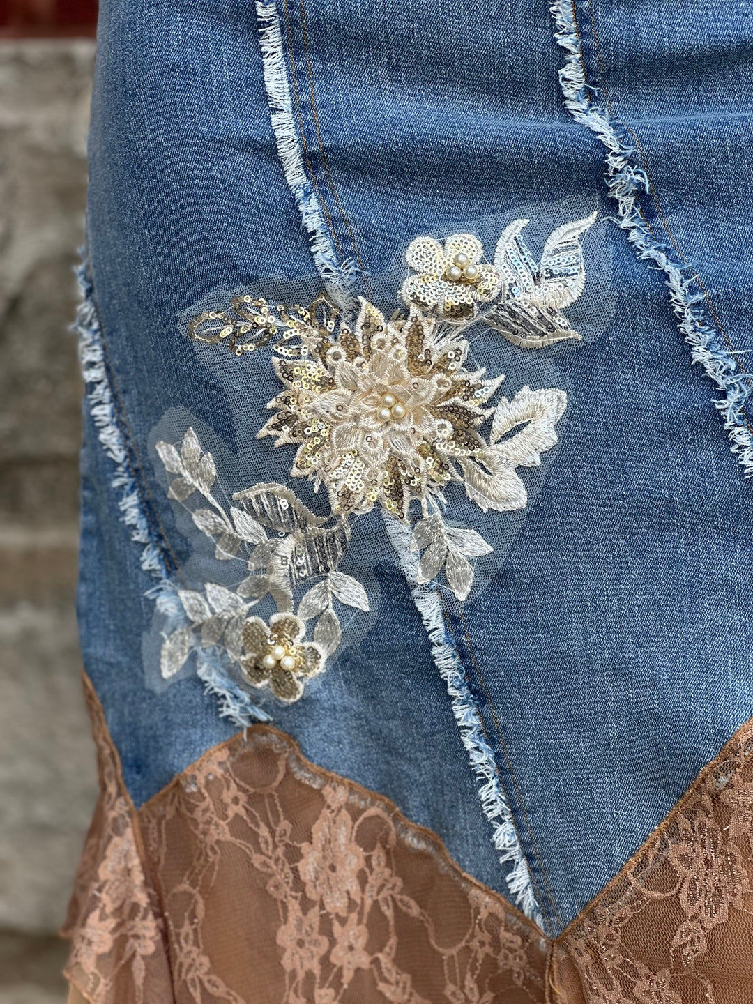Savanna Lace Denim Midi Skirt