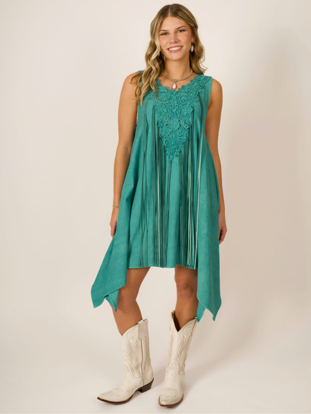 Turquoise Shark Bite Designer Sleeveless Dress w/ Deerskin Fringe & Lace Neckline