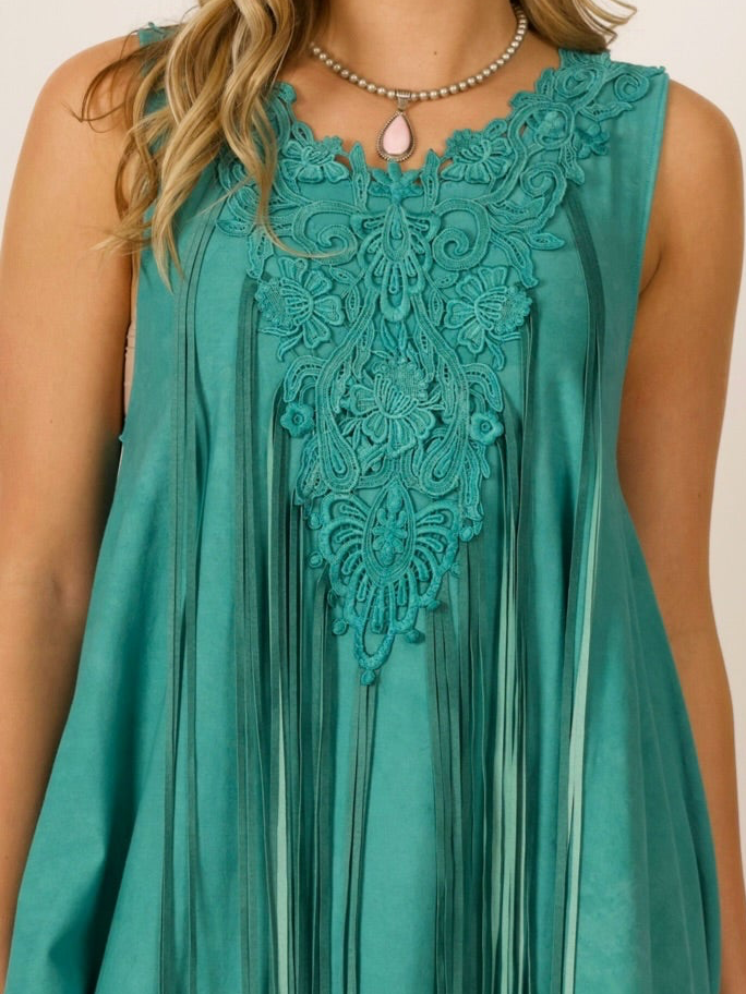 Turquoise Shark Bite Designer Sleeveless Dress w/ Deerskin Fringe & Lace Neckline