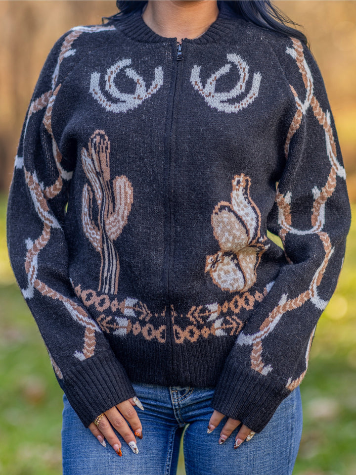 Rodeo Rider Embroidered Zip Up Sweater