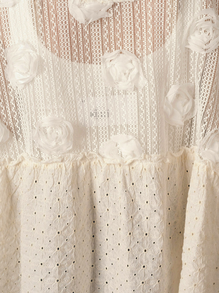 POL Vintage Lace V-Neck Balloon Sleeve Top with Floral Appliqué