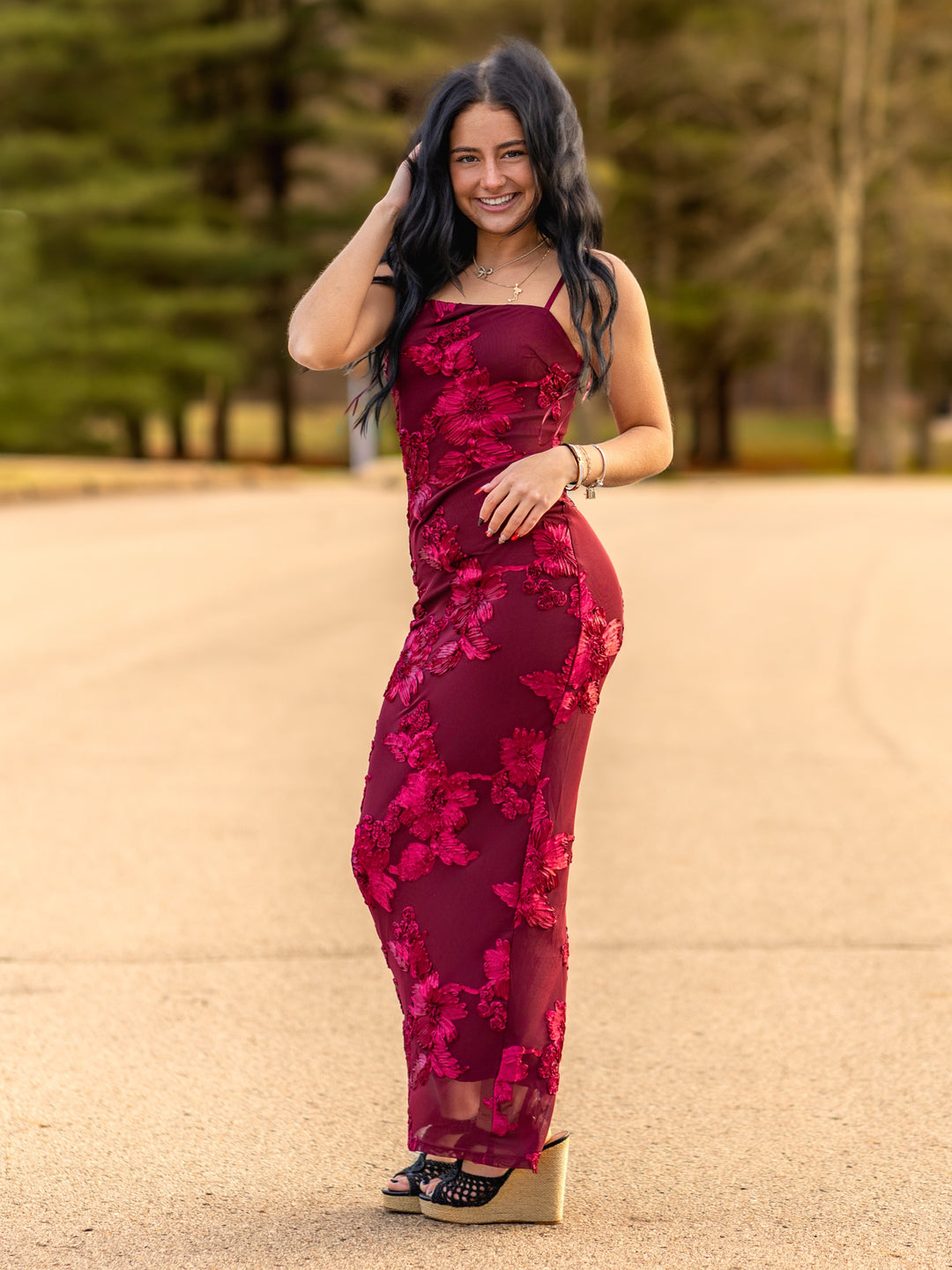 Fresh Cut Floral Embroidered Mesh Maxi Dress