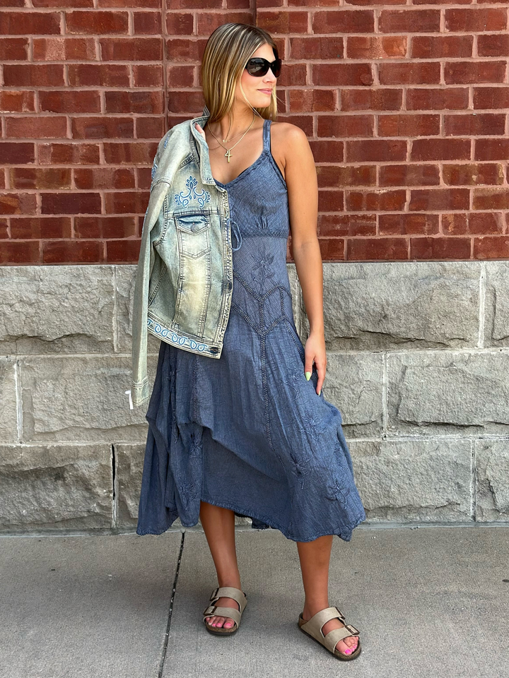 Adjustable Strap Floral Embroidery MIDI Dress