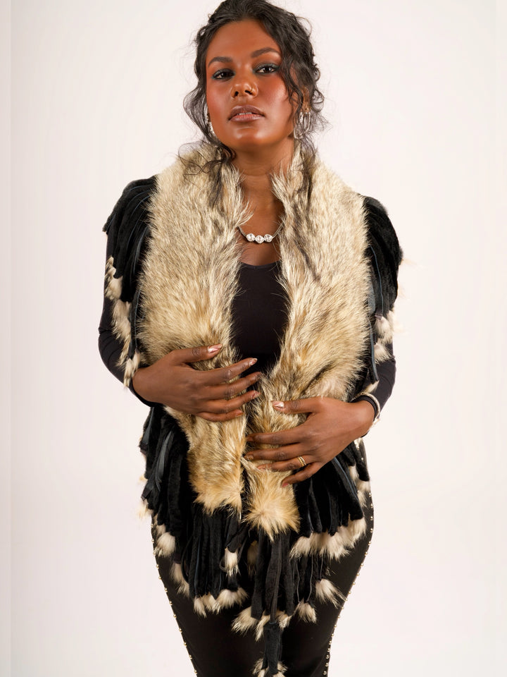 Natural Coyote Fur Collar with Rabbit Fur Fringe