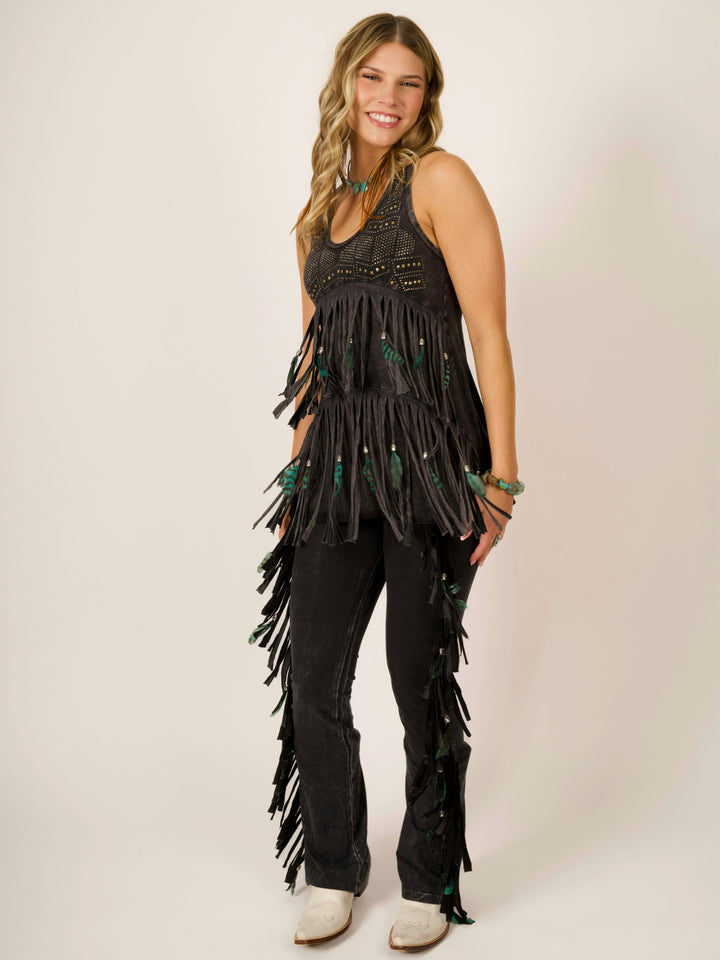 Black Fringe & Feather Two-Tiered Tank Top