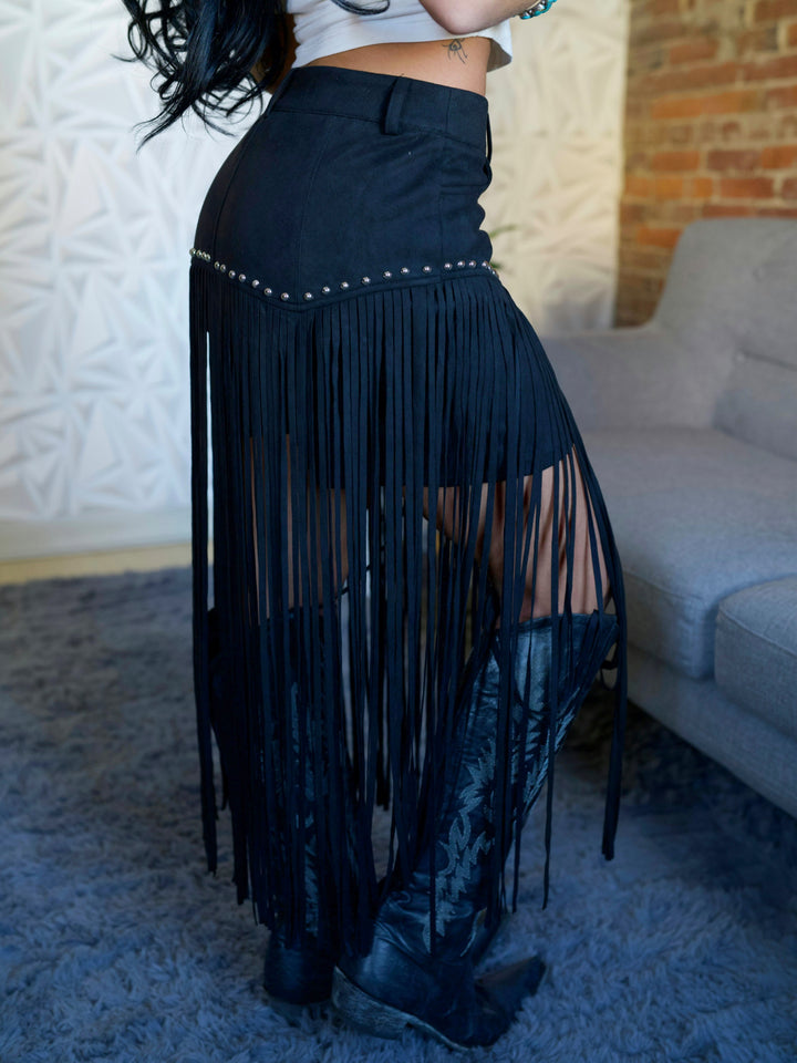 Black Suede Fringe Studded Shorts