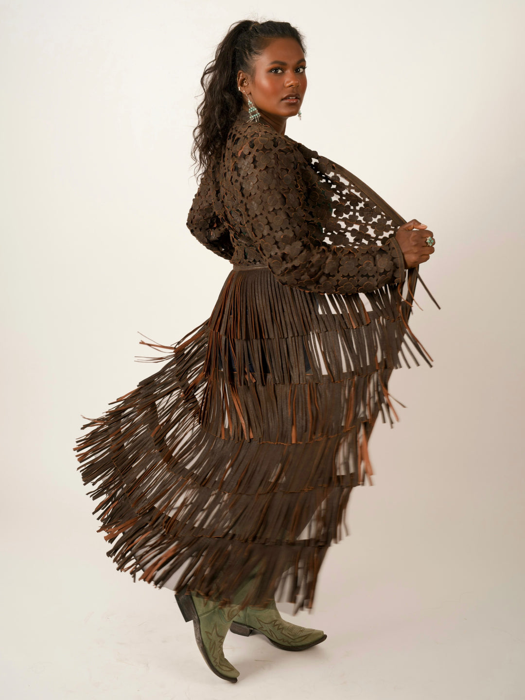 Italian Leather Laser-Cut Fringe Duster Jacket