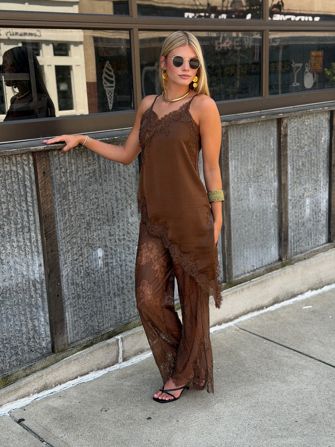 Falling For You Satin Cami & Sheer Lace Pant Two-Piece Set