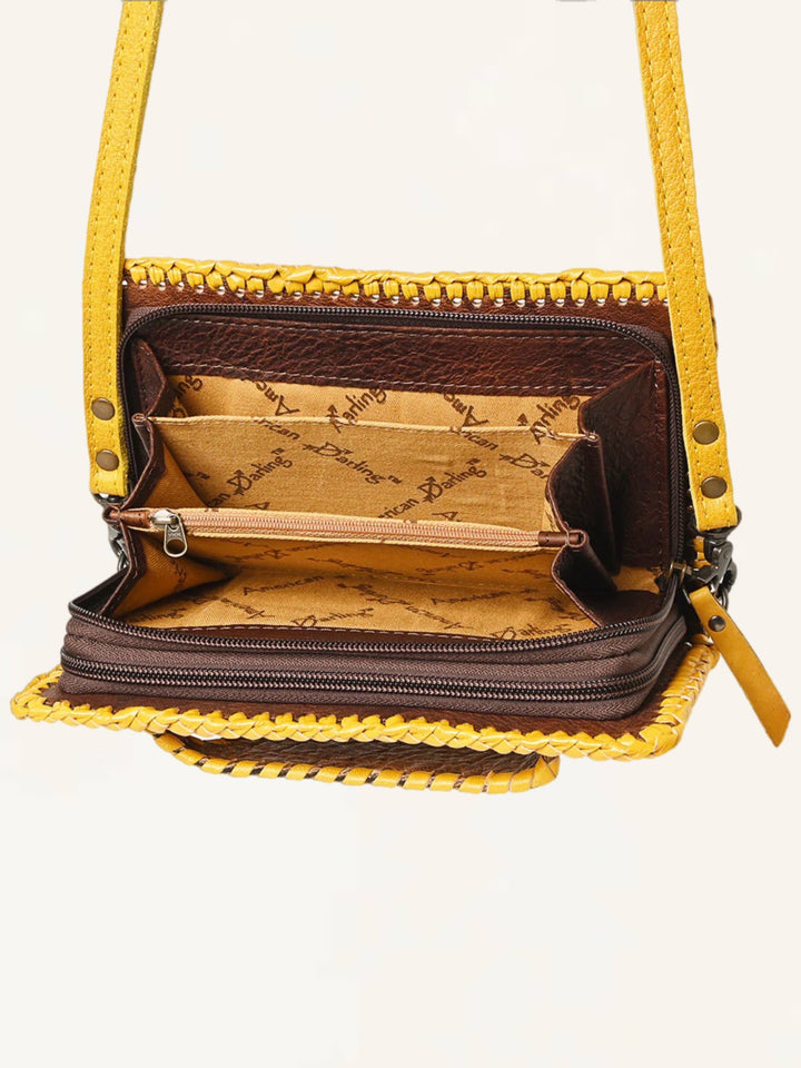 Antique Gold Hand Tooled Leather Crossbody Clutch Wallet Bag