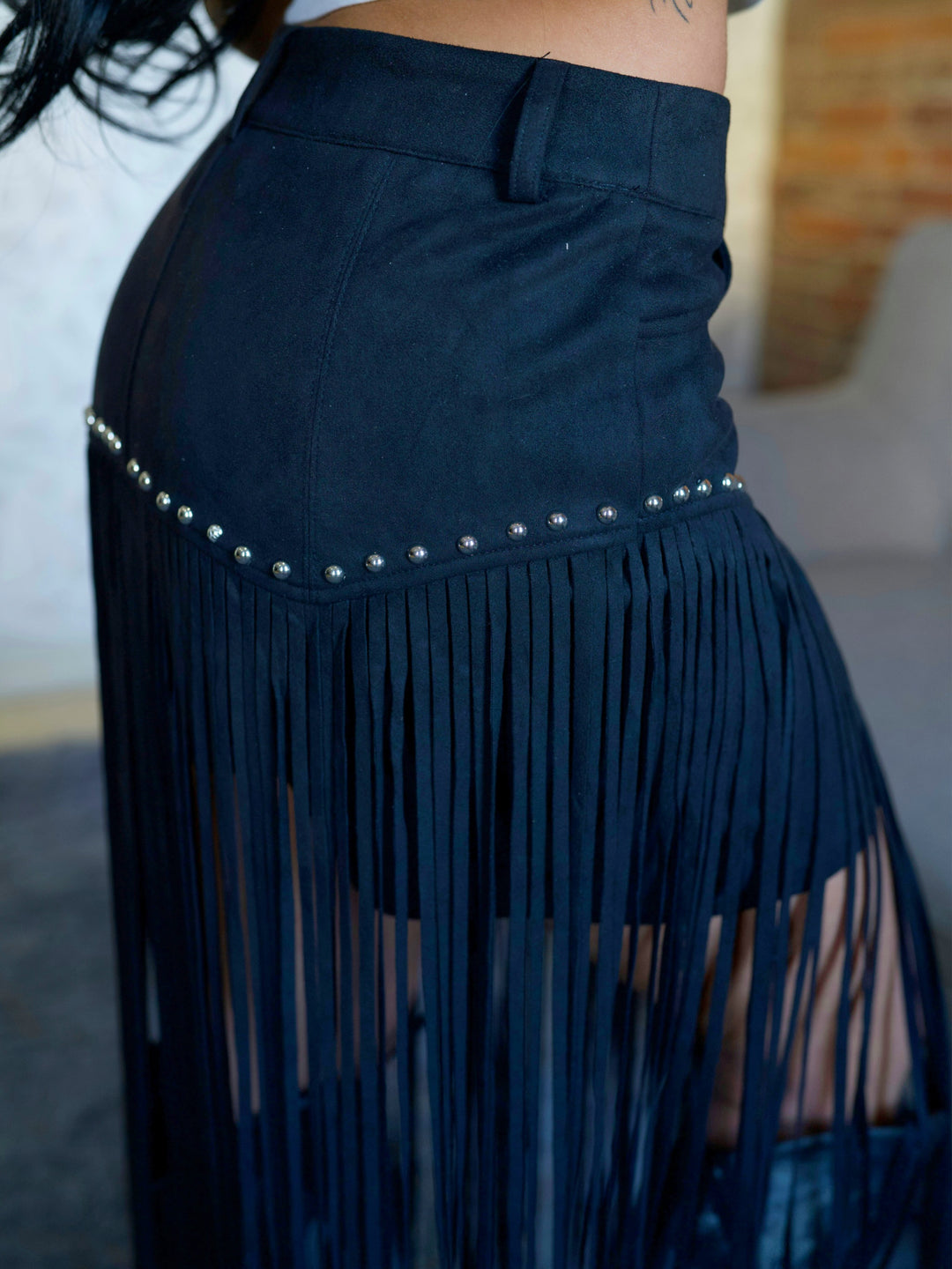 Black Suede Fringe Studded Shorts