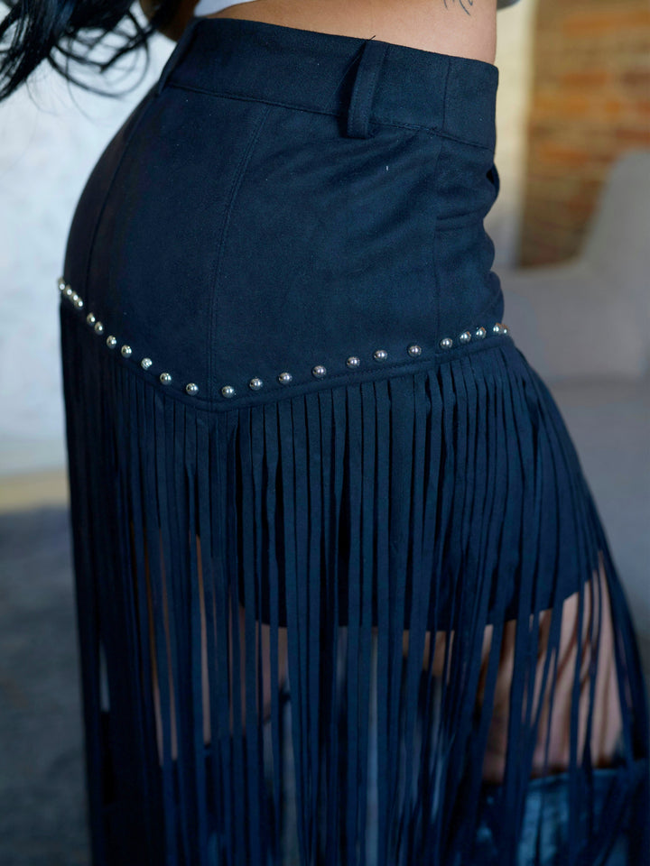 Black Suede Fringe Studded Shorts