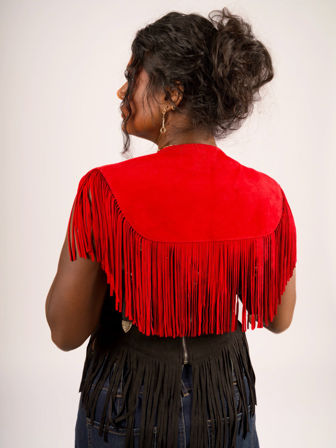 Handcrafted Red Suede Leather Fringe Shoulder Collar